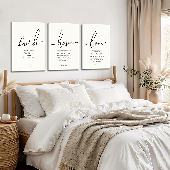 Farmhouse Bible Verses Wall Decor for Living Room - Minimalist Christian Scripture Wall Art Set of 3, Faith Hope Love Canvas Prints Religious Decor for Bedroom Office 12x16 inch Framed