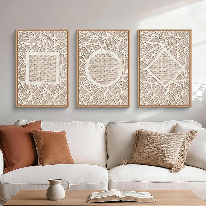 Aryroi Large Abstract Boho Neutral Shapes Framed Canvas Wall Art,Modern Geometric Circle Square Rhombus Wall Decor,Mid Century Artwork for Living Room,Bedroom,Office-16 x24 x3