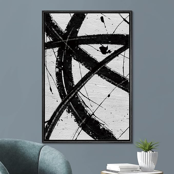 SIGNFORD Framed Canvas Wall Art Curve Ink Stroke with Line, Texture Abstract Brushstroke Illustrations Minimalism Modern Expressive Black and White for Living Room, Bedroom, Office - 24x36 inches
