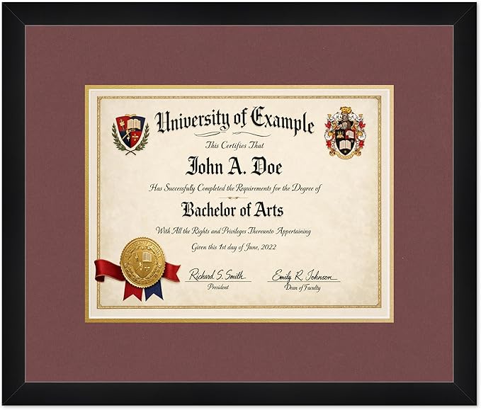 CountryArtHouse Diploma Frame Fits 13 x 10 College Diploma (Traditional) - Keepsake Graduation Display Matte Black Genuine Hardwood with Dark Red Over Metallic Gold Double mat
