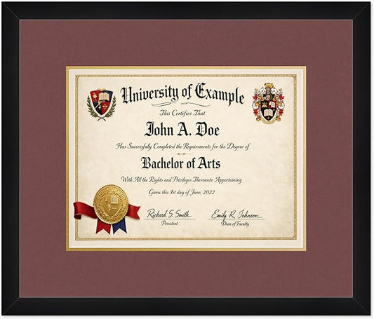 CountryArtHouse Diploma Frame Fits 13 x 10 College Diploma (Traditional) - Keepsake Graduation Display Matte Black Genuine Hardwood with Dark Red Over Metallic Gold Double mat