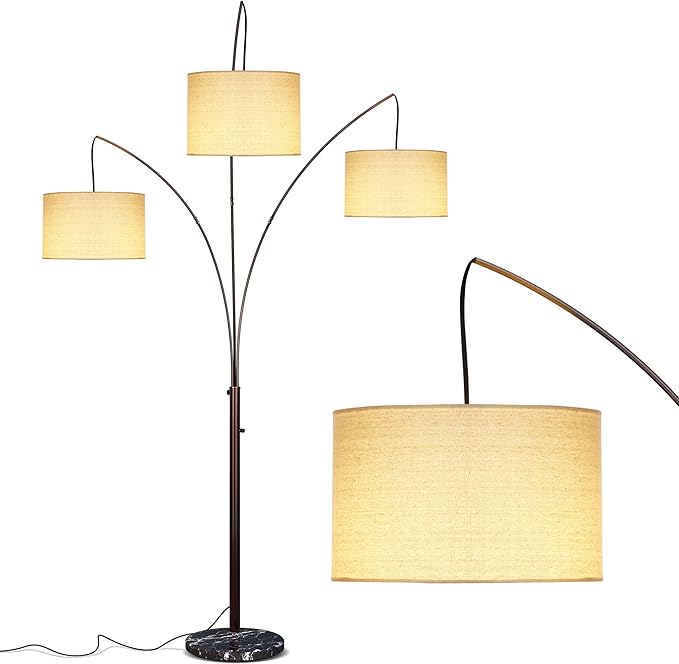 Brightech Trilage Arc Floor Lamp - Large Standing Lamp with 3 Fabric Shades & LED Bulbs for Living Room Over The Sofa, Reading, Multi-Head Traditional Tree Floor Lamp for Bedroom - Oil Rubbed Bronze