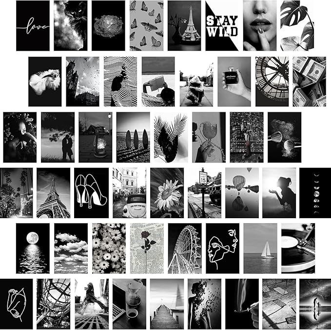 Yasowdkel Black White Aesthetic Wall Collage Kit, Aesthetic collage kit, 50PCS 4x6 Inch Picture Collage Kit for Wall Aesthetic,Black picture wall collage,Dorm Wall Decor, Cute Wall Decor for Teen