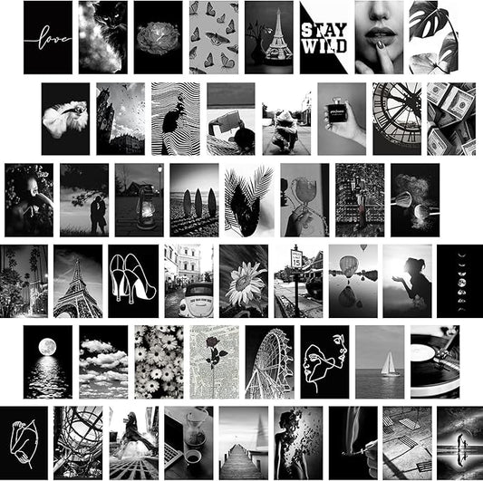 Yasowdkel Black White Aesthetic Wall Collage Kit, Aesthetic collage kit, 50PCS 4x6 Inch Picture Collage Kit for Wall Aesthetic,Black picture wall collage,Dorm Wall Decor, Cute Wall Decor for Teen