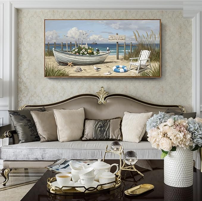 amatop Large Framed Coastal Wall Art – Gallery Wrapped Ocean & Nautical Canvas Print, Ready to Hang Beach House Decor with Flower Boat & Seagulls for Living Room, Bedroom & Office (48x24 Inches)