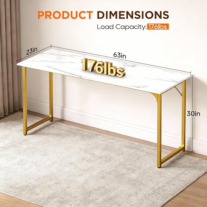 PayLessHere | 63 Inch Computer Desk | White Gold | Office Desk with Metal Frame, Adjustable Feet | Water-Resistant, Scratchproof Surface | Sturdy Writing Table for Home Office or Study | Pack of 1