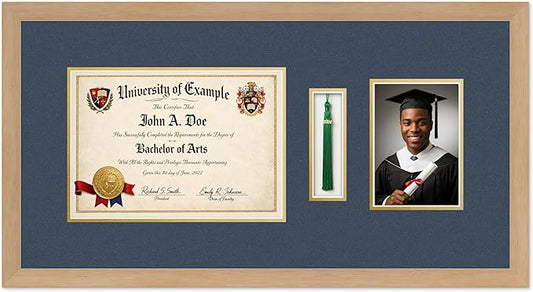 CountryArtHouse Diploma Tassel and Photo Shadowbox Fits 11.69 x 8.27 A4 Certificate with Tassel Ho Natural Wood Genuine Hardwood with Navy Blue Over Metallic Gold Double mat