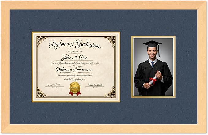 Diploma Frame With Photo Opening Natural Wood Navy Blue Over Gold Mat - Fits 10 x 8 Degree and Picture Made in the USA