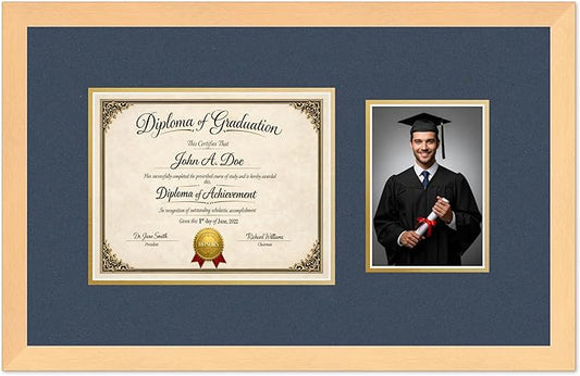 Diploma Frame With Photo Opening Natural Wood Navy Blue Over Gold Mat - Fits 10 x 8 Degree and Picture Made in the USA