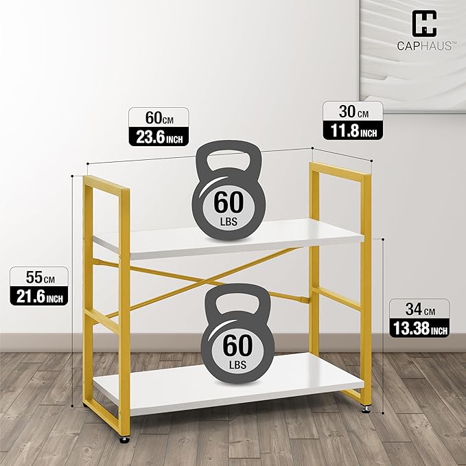 CAPHAUS 2 Tier Small Bookshelf, Bookcase Shelf Storage Organizer for Living Room, 24 Inch Width Free Standing Shelf, Industrial Book Shelves for Home Office, White Wooden Shelves & Gold Frame