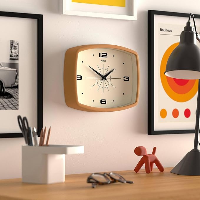 JONES CLOCKS® Movie wall Clock | Retro Rectangular Clock | 10 inch | Mustard Yellow | Cool mid-Century Designer Look for Kitchen, Living Room or Office