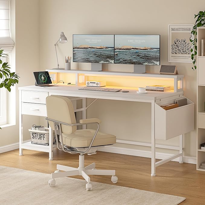 48" Computer Desk with LED Strip, Gaming Desk with Drawers & Storage Bag, Office Desk with Power Outlets & Monitor Stand, Home Office Desks for Bedroom, Gaming Room, White