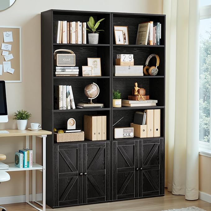 YESHOMY 6 Tier Bookcase and Bookshelf, Tall Book Shelf with Doors & Adjustable Shelves, Floor Display Storage Cabinet Home Decor for Living Room, Office, Black
