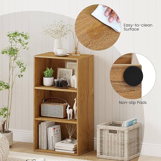Giantex 3 Shelf Bookcase, Modern Bookshelf Cube Storage Organizer, Open Storage Cabinet Multi-Functional Home Office Bedroom Furniture Display Bookcases, Natural
