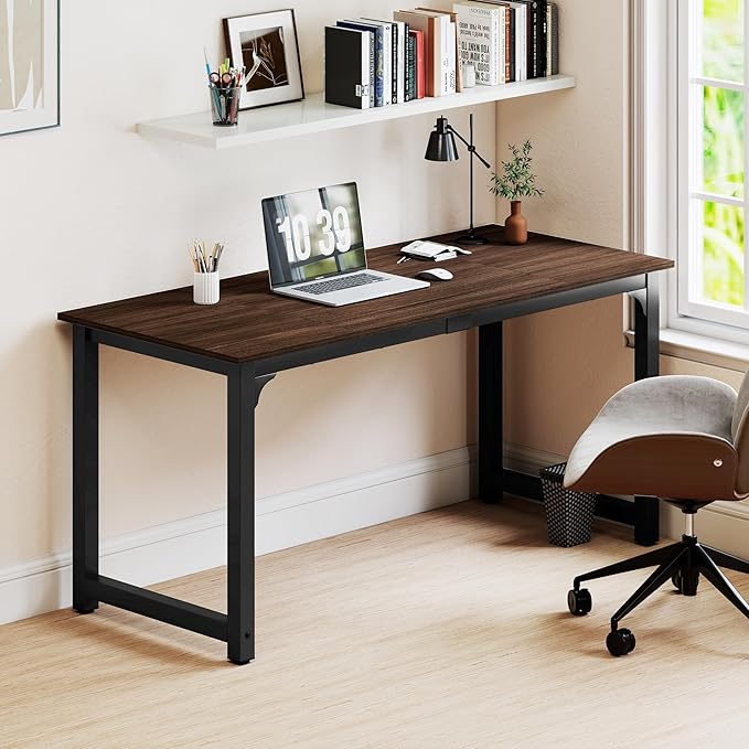 NSdirect Large Office Desk for Home Office, Large 63” Computer Desk Table, Wide Writing Study Desk for 2 Person, Metal Sturdy Frame Thicker Steel Legs, Black Chocolate