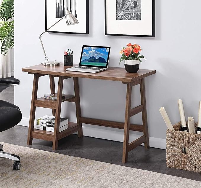 Convenience Concepts Designs2Go Trestle Desk 47" - Modern Desk or Vanity with Shelves, for Office, Dorm, Living Room, Cappuccino