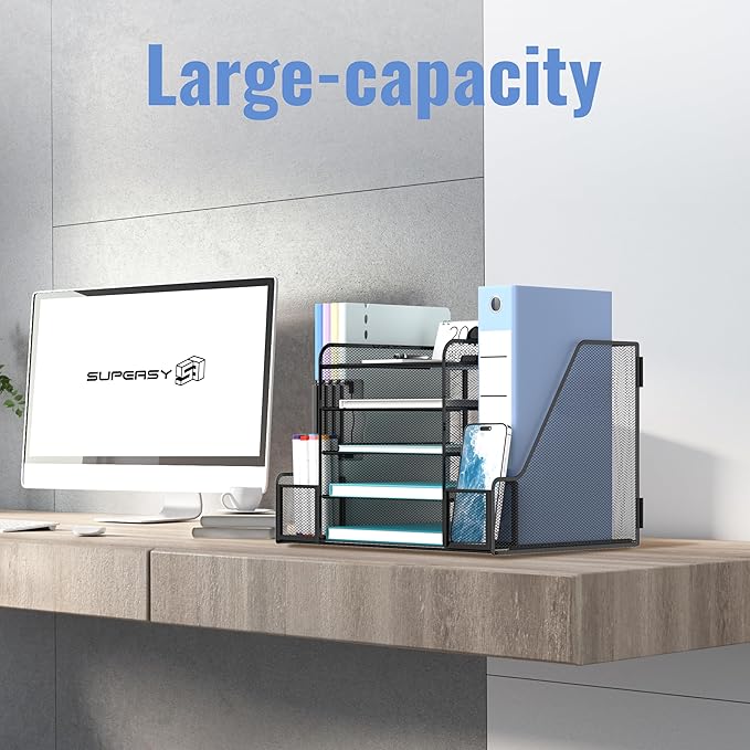 SUPEASY 5-Tier Mesh Desk Organizer with File Holder & Bookends, Metal Paper Letter Tray Organizer with 2 Pen Cups, Large-Capacity Desktop File Sorter for Home Office/School, Black