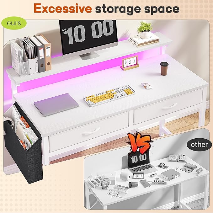 Computer Desk with 2 Drawers & LED Lights,39.4 Inch Home Office Desks with Side Pocket and Monitor Stand,Study Writing Table for Small Spaces,White