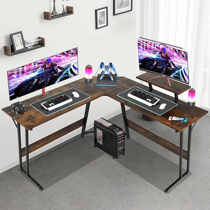 L Shaped Gaming Desk, 50 Inch Corner Desk, Office Computer Desk with Large Monitor Stand for Home Office Sturdy Writing Workstation, Easy to Assemble, Brown