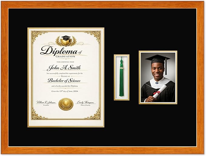 CountryArtHouse Diploma Tassel and Photo Shadowbox Fits 10 x 13 College Diploma (Portrait Traditional) with T Honey Oak Genuine Hardwood with Black Over Metallic Gold Double mat