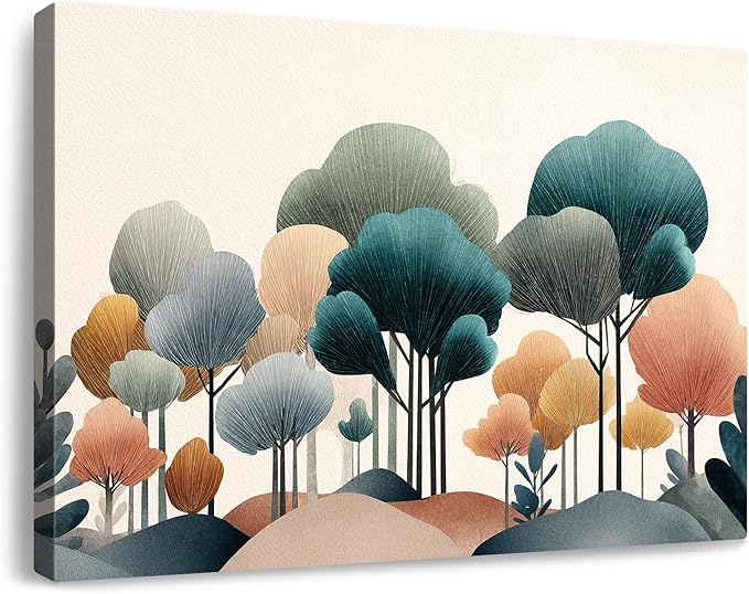 gaosoul Modern Abstract Canvas Wall Art Oil Painting Giclee Print of Geometric Forest in Teal Pink Amber with Black Trunks Serene Beige Background for Living Room Bedroom Decor Framed 24x16in