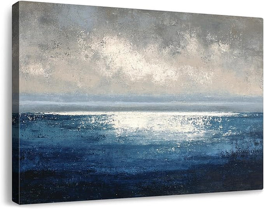 gaosoul Modern Blue Abstract Canvas Wall Art Hand Painted Oil Seascape Prints with Gradient Ocean Blues Misty Gray Sky Gallery Wrapped Wall Decor for Living Room Bedroom Office Framed 24x16in
