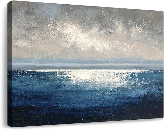 gaosoul Modern Blue Abstract Canvas Wall Art Hand Painted Oil Seascape Prints with Gradient Ocean Blues Misty Gray Sky Gallery Wrapped Wall Decor for Living Room Bedroom Office Framed 30x20in