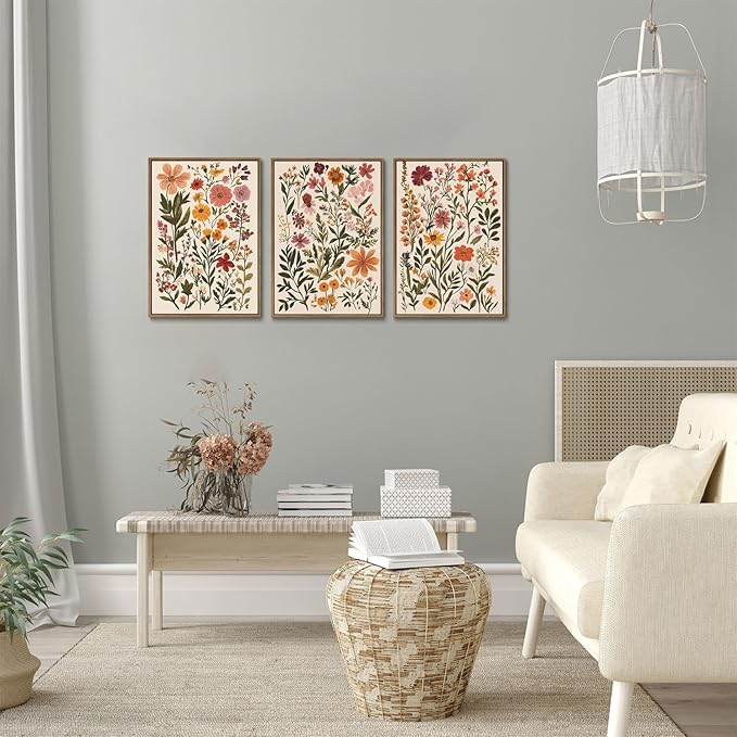 KISSFOX 3 Piece Boho Floral Canvas Wall Art For Bedroom Cottagecore Wild Flower Framed Wall Art Colorful Nature Modern Botanical Art Prints For Nursery Living Room,12x16 in