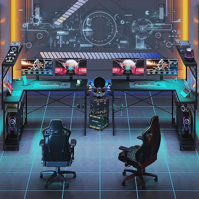 Bestier Gaming Desk 51" L-Shaped, with Power Outlets & LED Lights- 4 Tier Shelves, Reversible Gamer Table with Hooks & Cup Holder for Home Office Carbon Fiber Black