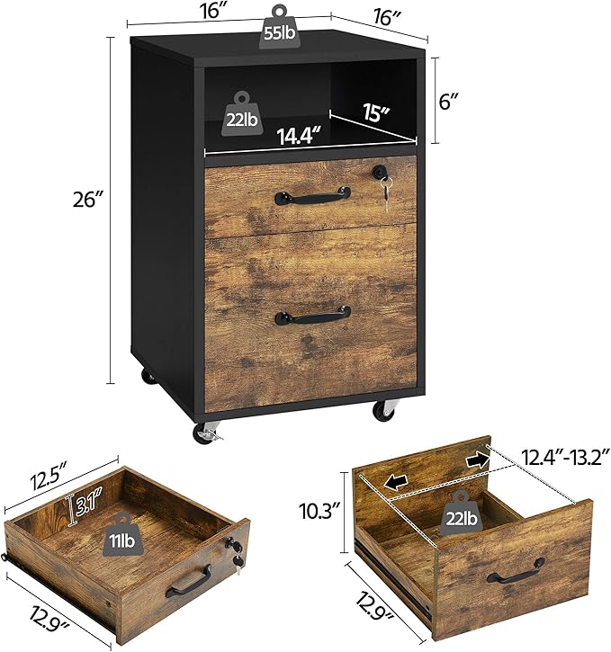 Topeakmart Rolling Vertical Filing Cabinet with 2 Drawer and 1 Open Compartments, File Storage Cabinet with Lock, Printer Stand for Home and Office Black/Rustic Brown