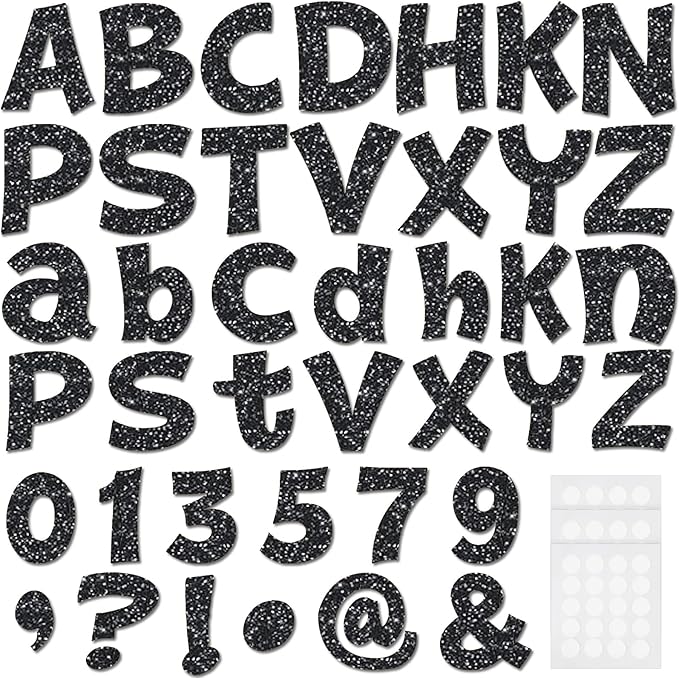 Colarr 216 Pcs Glitter Bulletin Board Letters for Classroom Number Alphabet Punctuation Symbol Cutout 4'' Die-Cut Poster Letter with Adhesive Dot School Party Holiday Decor Display(Black)