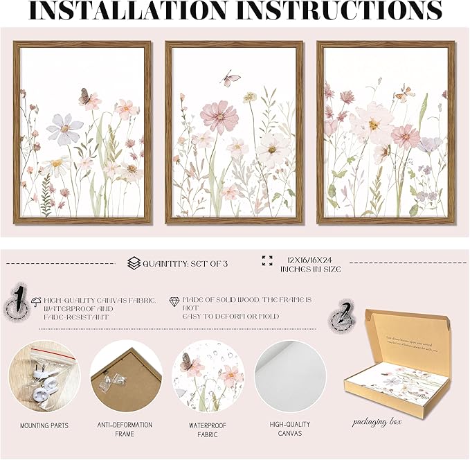 Framed Wildflower Wall Art Set of 3, Pink Floral Canvas Wall Decor Pictures, Vintage Flower Botanical Paintings, Nursery Flowers Butterfly Posters Prints for Bedroom Living Room 16x24 Inch