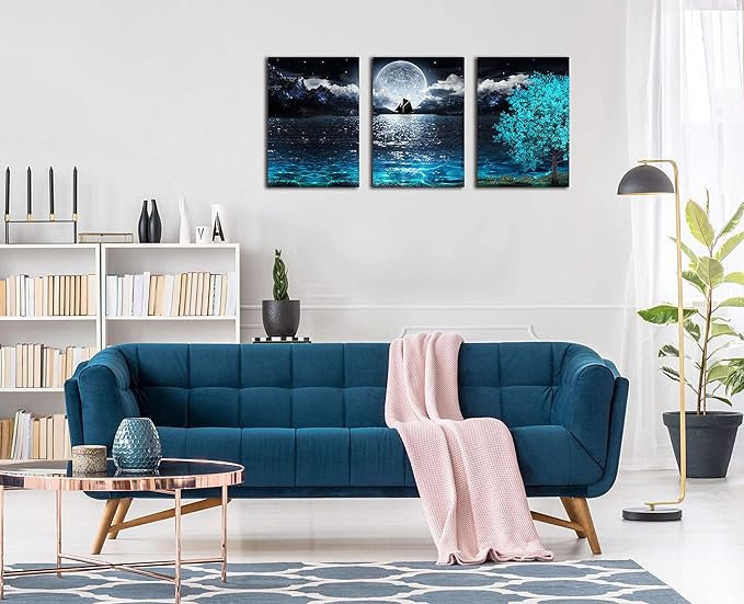 Moon Wall-Art - Teal Ocean Modern Decor Wall Decor For Living Room - Wall Art For Bedroom On Canvas Framed Size 12x16 Inches x3 Pieces