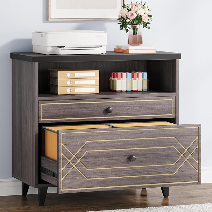 Lateral File Cabinet with Shelf, 2 Drawer Filing Cabinet for A4/Letter/Legal Size, Modern Industrial Office Storage Cabinet Printer Stand for Home Office, Gray Brown