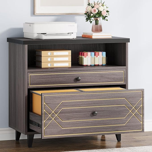 Lateral File Cabinet with Shelf, 2 Drawer Filing Cabinet for A4/Letter/Legal Size, Modern Industrial Office Storage Cabinet Printer Stand for Home Office, Gray Brown