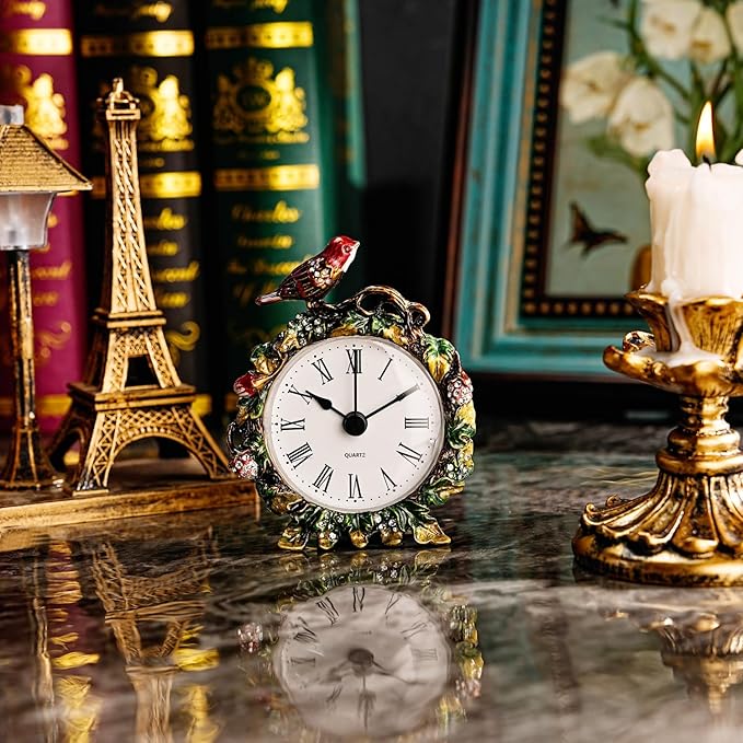 Mini Tabletop Clock, Decorative Vintage Floral Metal Table Clock with Battery Operated for Bedside, Table, Living Room, Home and Office