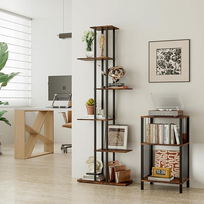 6 Tier Corner Bookshelf，Slim Open Bookshelf，Small Book Shelf for Small Spaces，Living Room, Home Office, 9.45 x 20.8 x 62.2 Inches,（1PC+Rustic Borwn