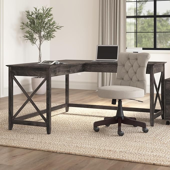 Bush Home Key West 60W Modern Farmhouse L Shaped Desk in Dark Gray Hickory, 60-Inch Corner Computer Table for Home Office Workspace