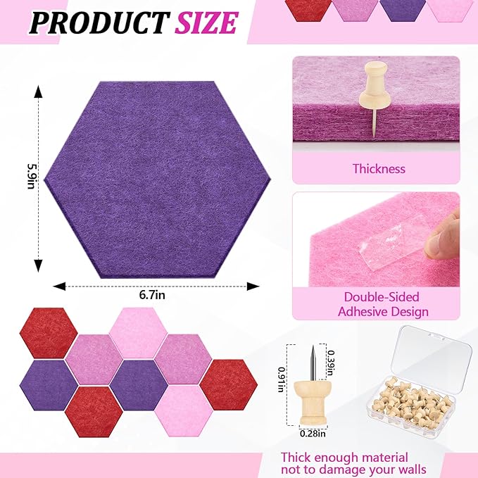 16 Pcs Hexagon Cork Board for Walls with 50 Wooden Push Pins 6.7 x 5.9 in Felt DIY Tiles Notice with Nano Tape Hanging Bulletin Board for Home Photo Office Memo Note (Gradual Purple)