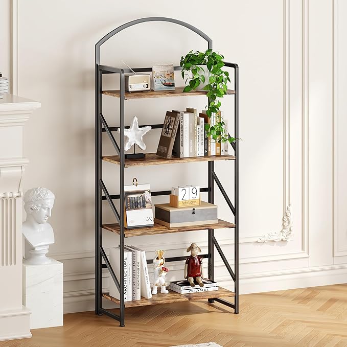 BHG Arched Bookshelf 4 Tier Shelf Storage Organizer Bookcase,No Assembly Folding Book Shelf for Living Room,Bedroom Home Office Rack Bookhelves