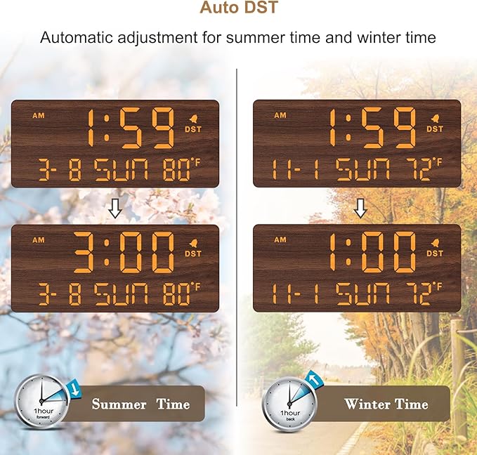 DreamSky Wooden Digital Alarm Clocks for Bedrooms - Living Room Desk Clock with Date and Day of Week, Temperature, USB Port, Dimmer Wheel, Adjustable Volume, Auto DST, Wood Decor for Office Table