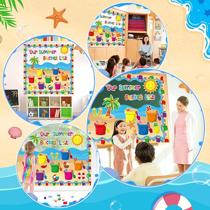 Faccito 57 Pcs Summer Bulletin Board Decorations Set Our Summer Bucket List Classroom Decor Hawaii Sun Beach Bucket Paper Cutouts with Borders for Home School Hawaiian Tropical Party Supplies
