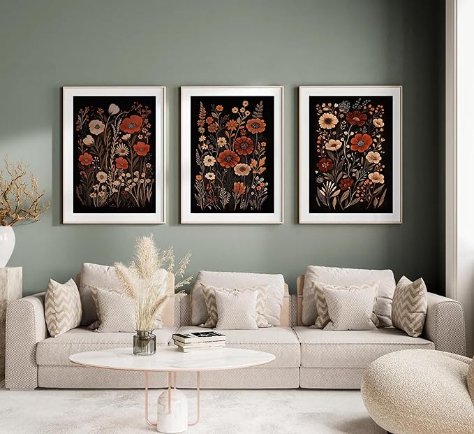 Wavkkey 3 Pcs Dark Floral Wall Art Vintage Moody Flowers Botanical Posters Painting Picture Wall Decor Canvas Print Artwork for Living Room Bedroom Women Room Home Decoration