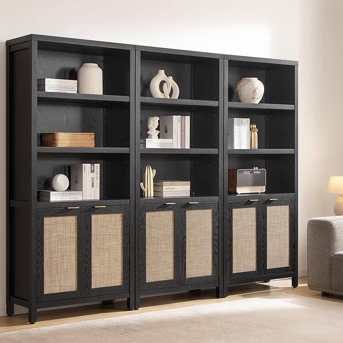 SICOTAS Bookcase 71" Tall Bookshelf 5 Tier Rattan Boho Bookcase with Doors Storage Large Book Case Shelf Farmhouse Bookshelves Library Book Shelves for Living Room Bedroom Home Office Kitchen