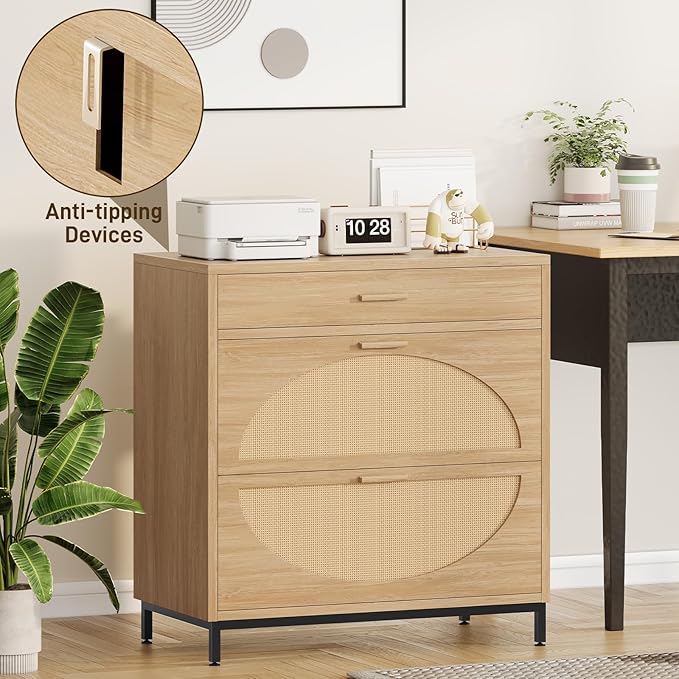 Lateral File Cabinet with 3 Drawers, Eco Rattan Wood File Cabinet for Home Office, Large Filing Storage Cabinets Printer Stand for Letter/Legal/A4 Size Hanging File
