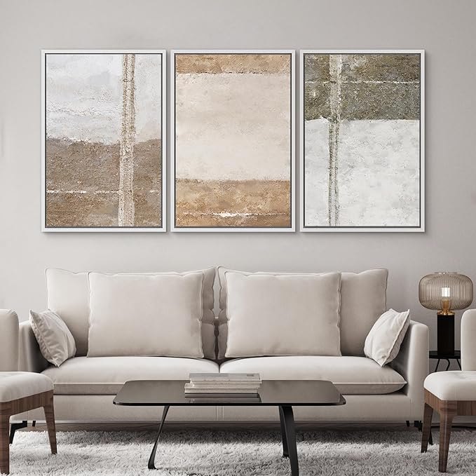 SIGNWIN Framed Canvas Print Wall Art Set Grunge Gray Brown Pastel Landscape Abstract Shapes Illustrations Modern Geometric Mid-Century for Living Room, Bedroom, Office - 16"x24"x3 White