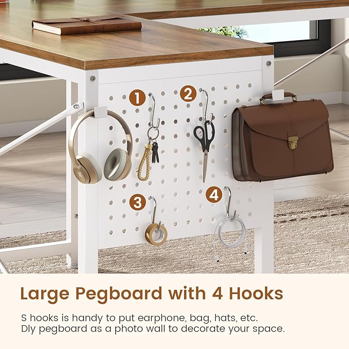 L Shaped Desk, 67" Reversible Computer Desk with 4 Fabric Drawers and Power Outlet, Corner U Shaped Desk with Shelf and Pegboard for Home Office, Brown+White