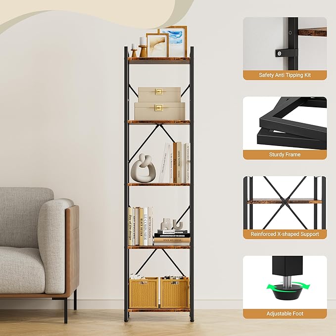 Dunatou 5-Tier Bookshelf, Tall Bookcase with 5 Open Shelves, Metal and Wood Office Book Shelf Bookcase, Standing Storage Organizer Shelf for Bedroom Living Room, Rustic Brown