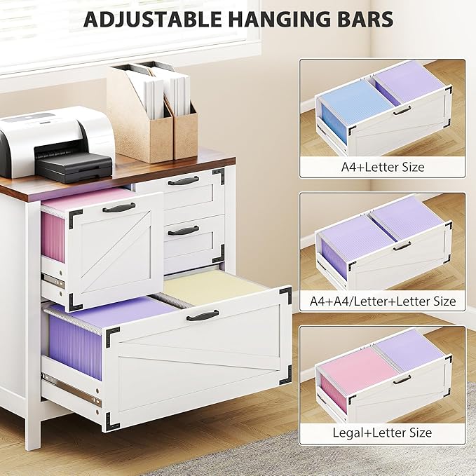 HOMCOM 4 Drawer File Cabinet, Farmhouse Lateral Filing Cabinet with Adjustable Hanging Rails for Letter/A4/Legal Size Files, Printer Stand for Home Office, White