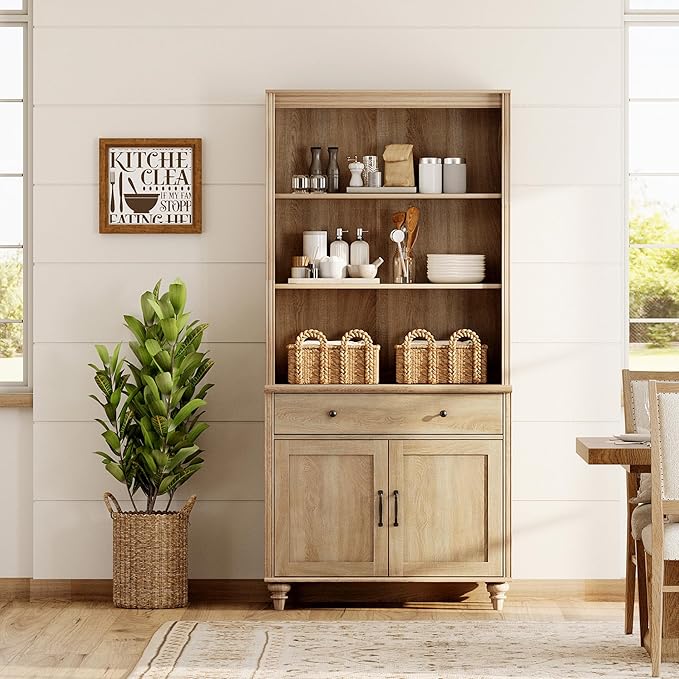 WAMPAT 5 Tier Bookshelf 72" Tall Bookcase with Barn Doors, Large Farmhouse Display Book Shelf with Wood Doors and Storage Cabinet，Library Wooden Bookshelves for Living Room, Office, Kitchen, Oak